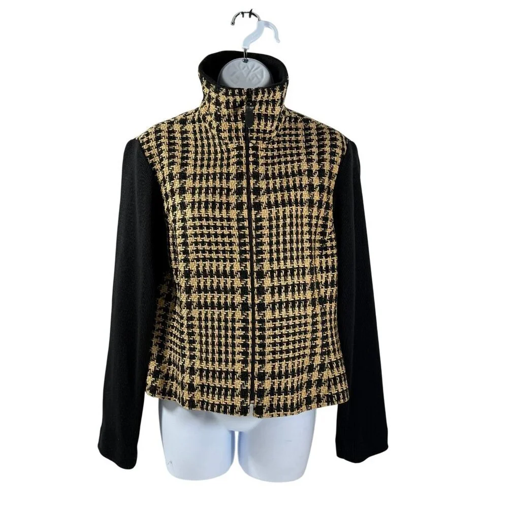 Vintage Emil‎ Rutenburg Womens Houndstooth Cardigan Jacket Black & Camel Size L